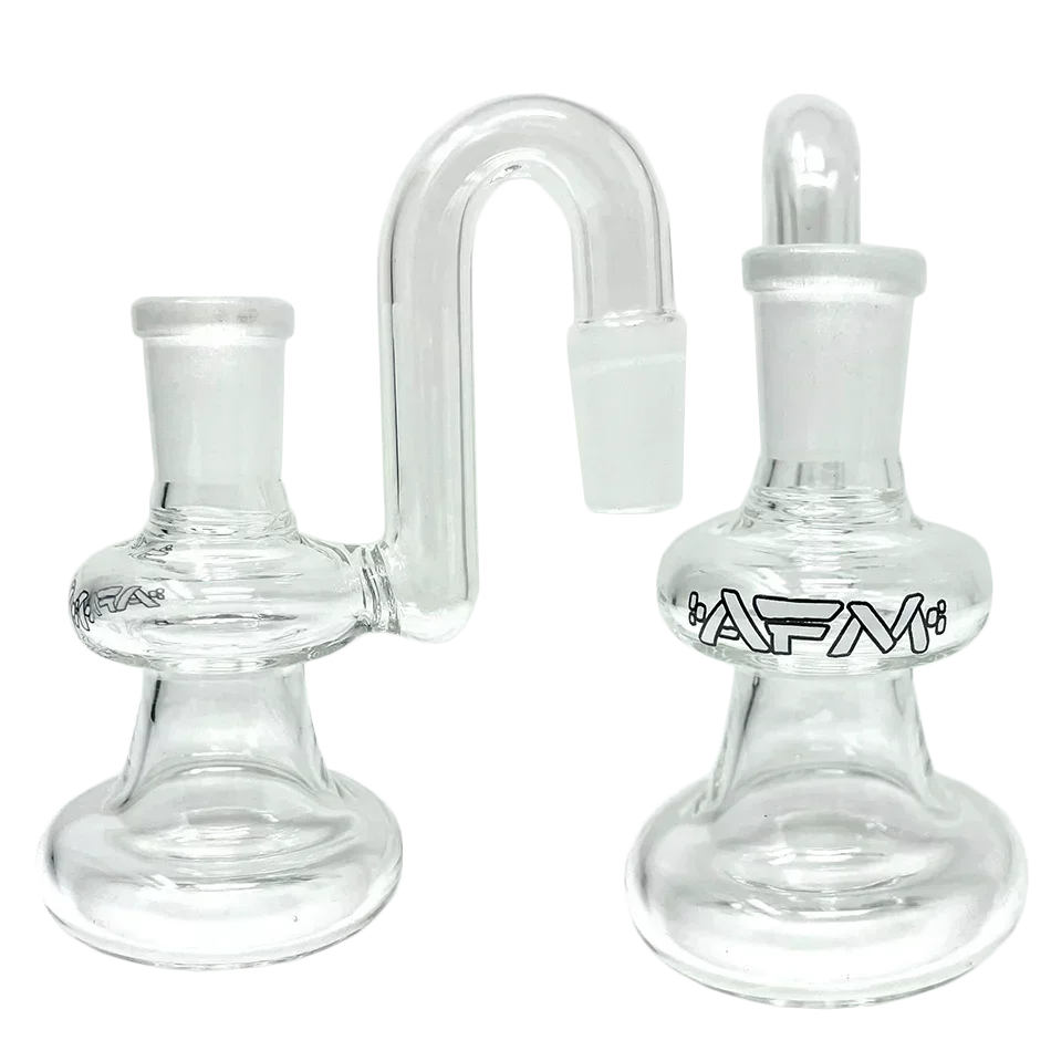 Clear glass AFM ash catcher smoking accessory with curved neck and logo on base