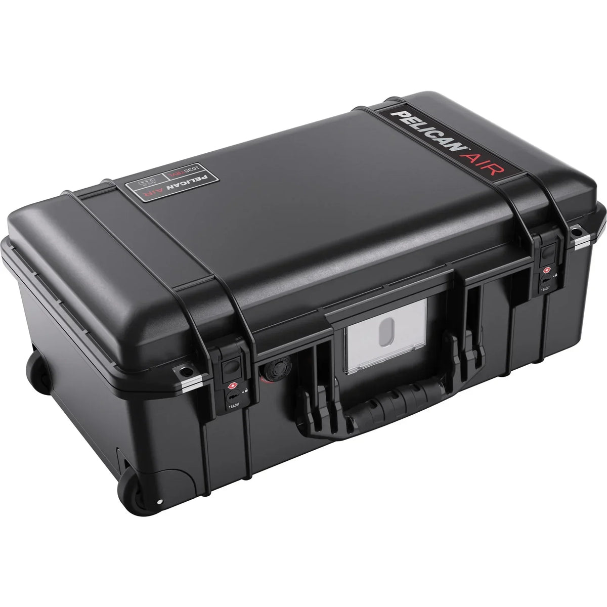 Black Pelican Air hard case with wheels, secure latches, and carry handle for protective storage.