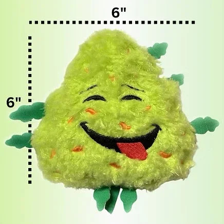 Plush smiling green novelty pillow with embroidered face, measuring 6x6 inches