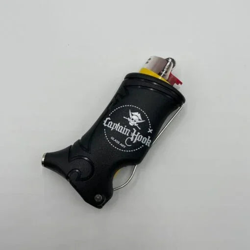 Black Captain Hook lighter holder with skull and crossbones logo on white background