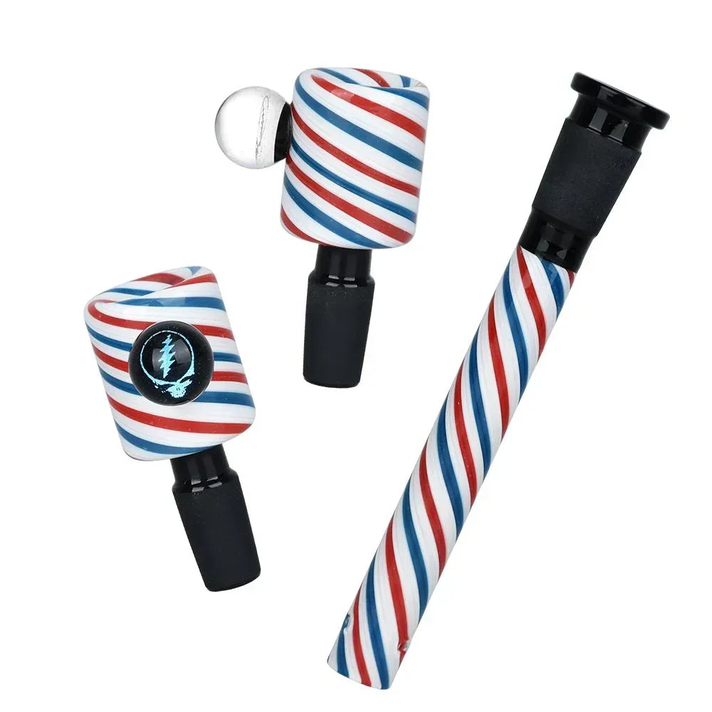 Red, white, and blue striped glass bowl and downstem set with unique design and black accents