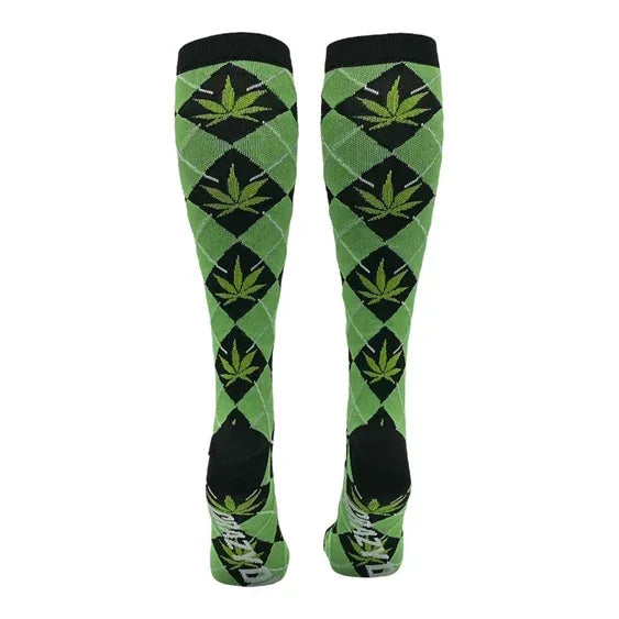 Green knee-high socks with argyle pattern and leaf designs, novelty smoke shop accessory