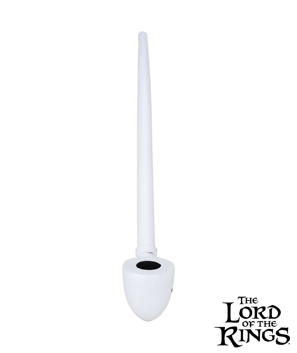 White glass Gandalf smoking pipe with long stem on black background, Lord of the Rings themed.