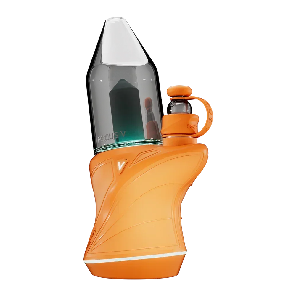 Orange electronic dab rig with glass bubbler and mouthpiece against a black background