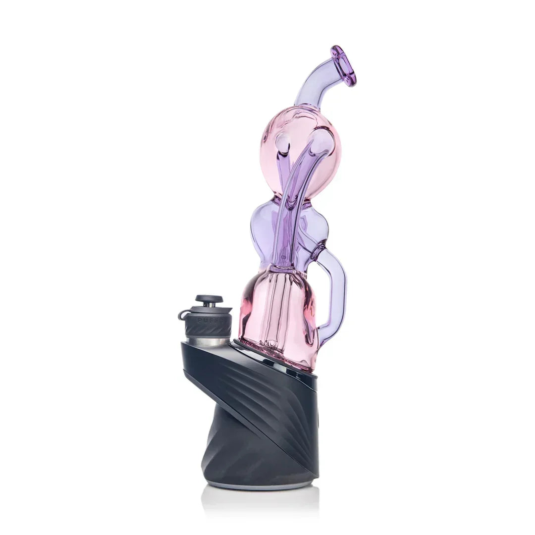 Colorful glass percolator attachment on an electronic vaporizer with a modern base
