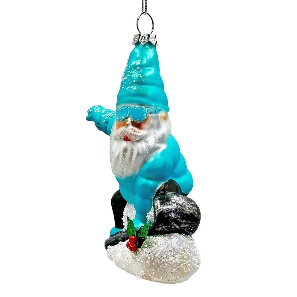 Blue glass gnome Christmas ornament with white beard, glitter accents, and snow base