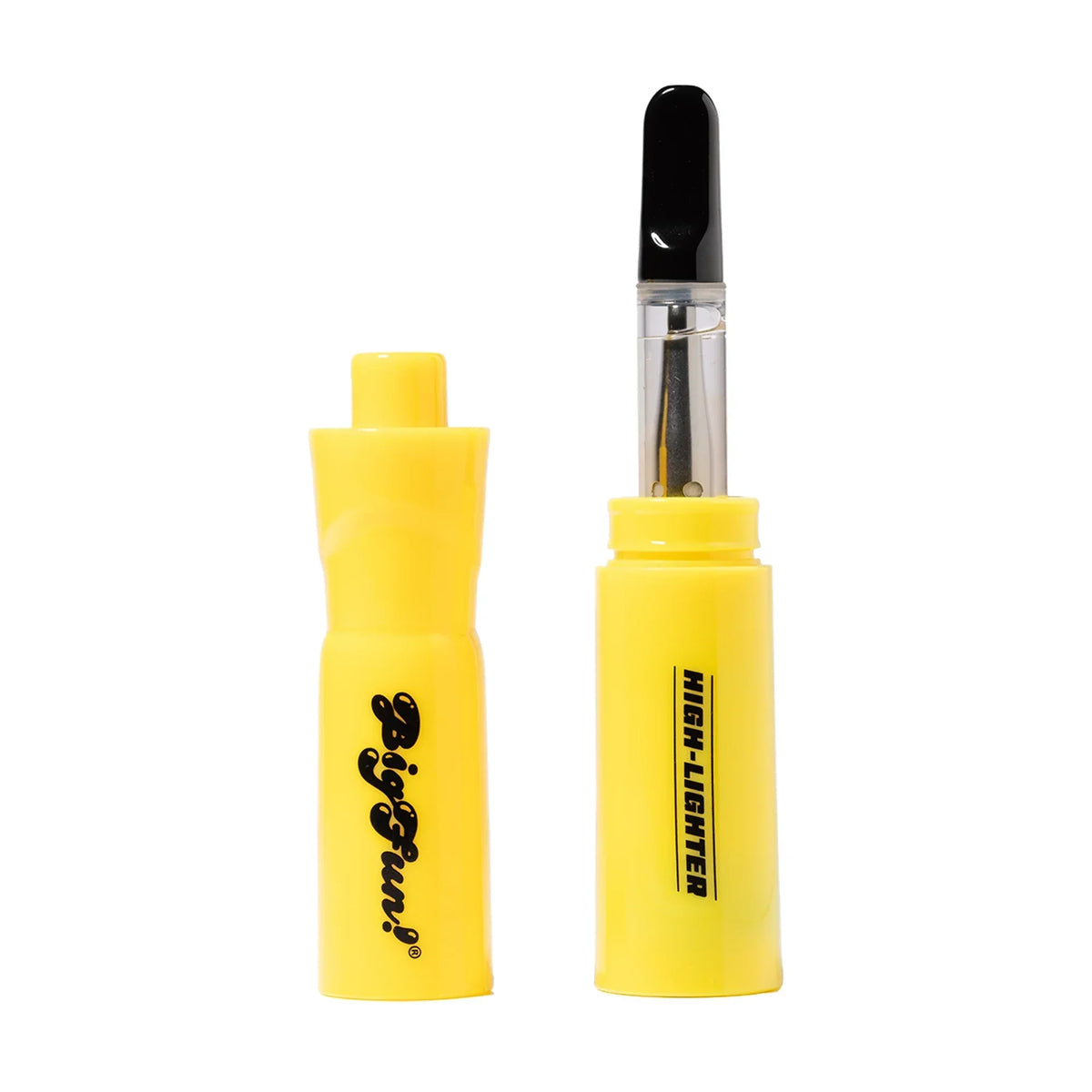 Yellow vape cartridge disguised as a highlighter, with cap removed and black mouthpiece visible.