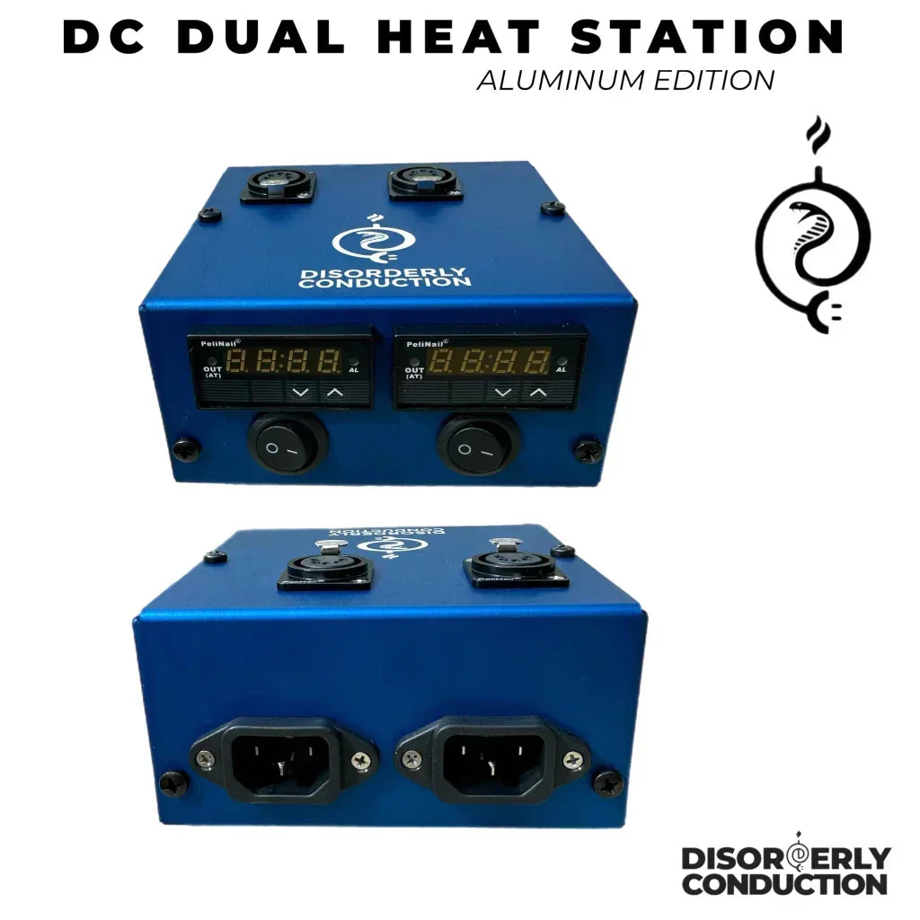 DC Dual Heat Station Aluminum Edition in blue with dual digital displays and power ports, vaping accessory