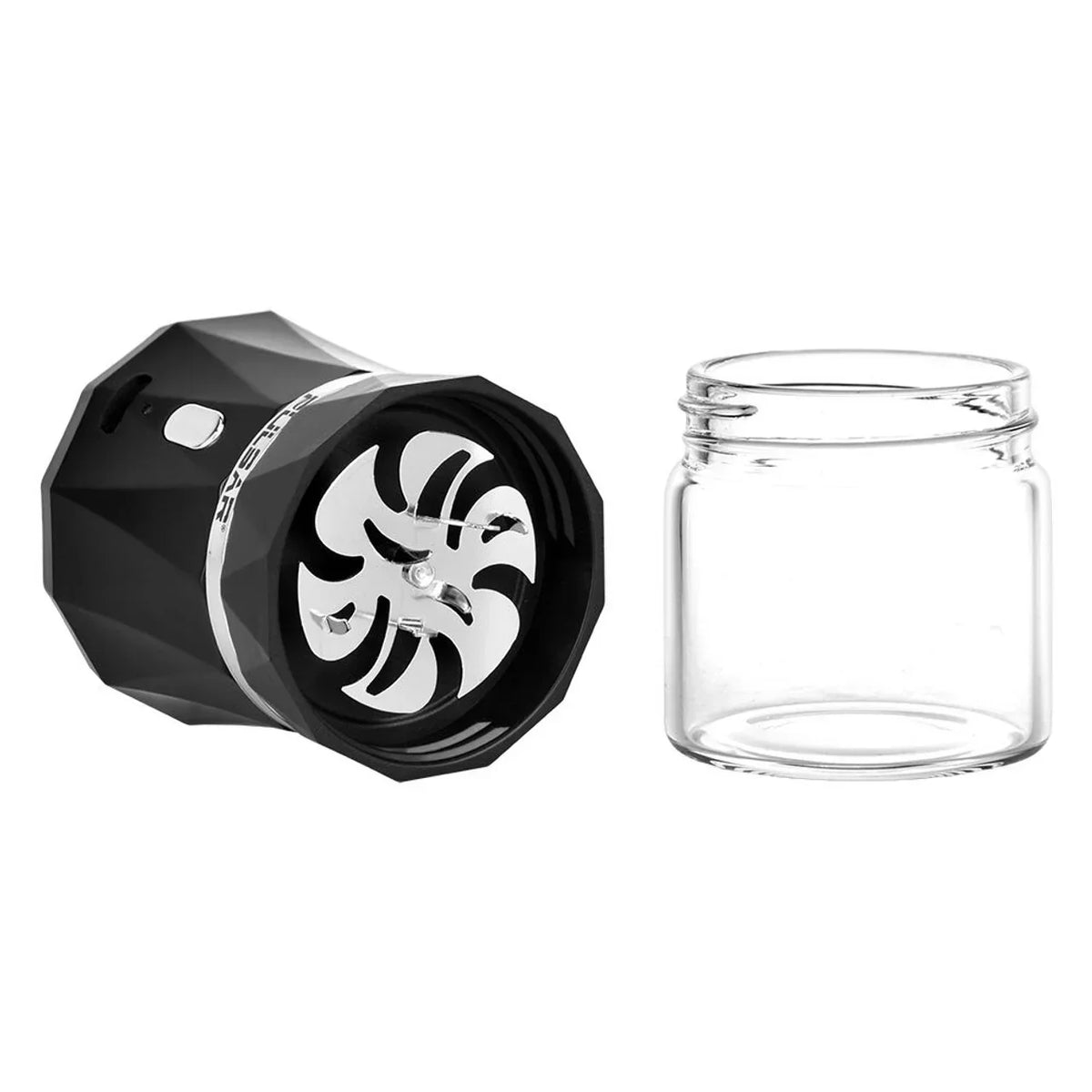 Electric herb grinder with clear glass storage jar on white background