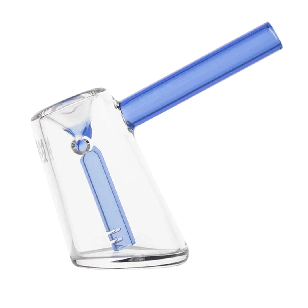 Clear and blue glass hand pipe with angled design and built-in percolator