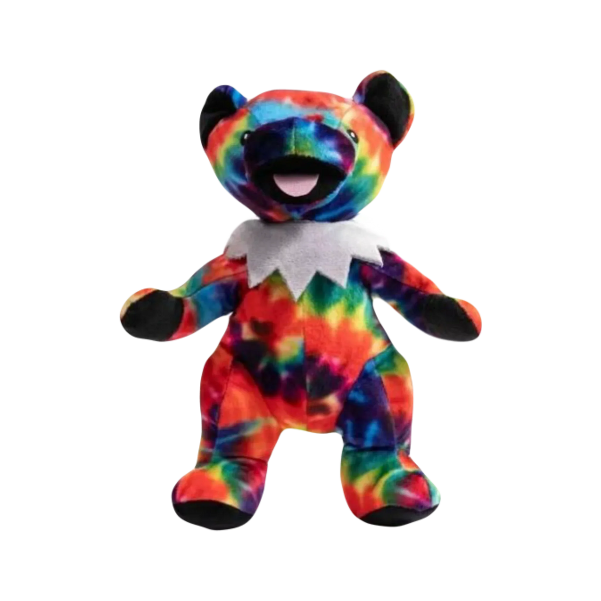 Colorful tie-dye bear plush toy with white collar and black ears, sitting upright
