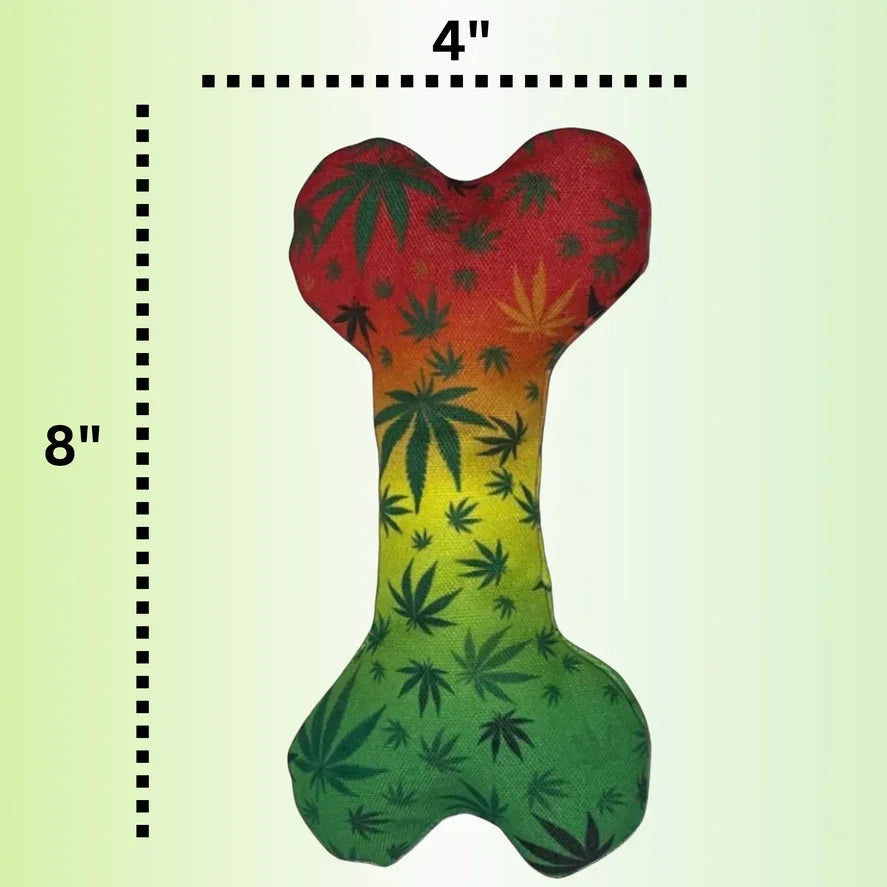 Dog bone toy with red, yellow, and green gradient, cannabis leaf pattern, 8x4 inches