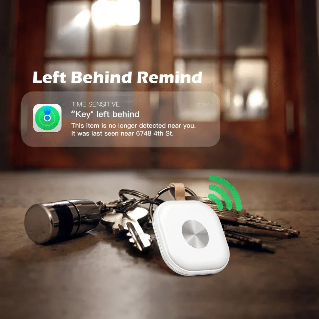 Smart key finder tracker device on keyring with left behind alert notification