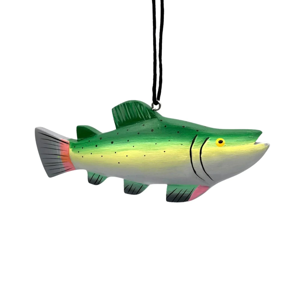 Hand-painted wooden fish ornament with green, yellow, and pink details on a black cord.