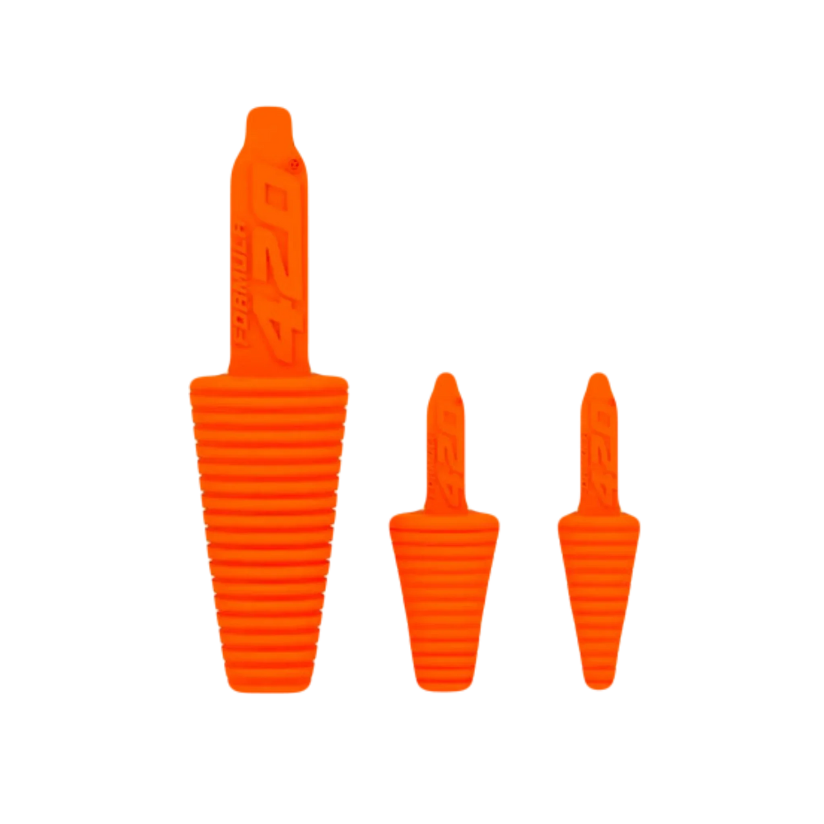 Three orange silicone cleaning plugs for glass pipes or water pipes, assorted sizes.