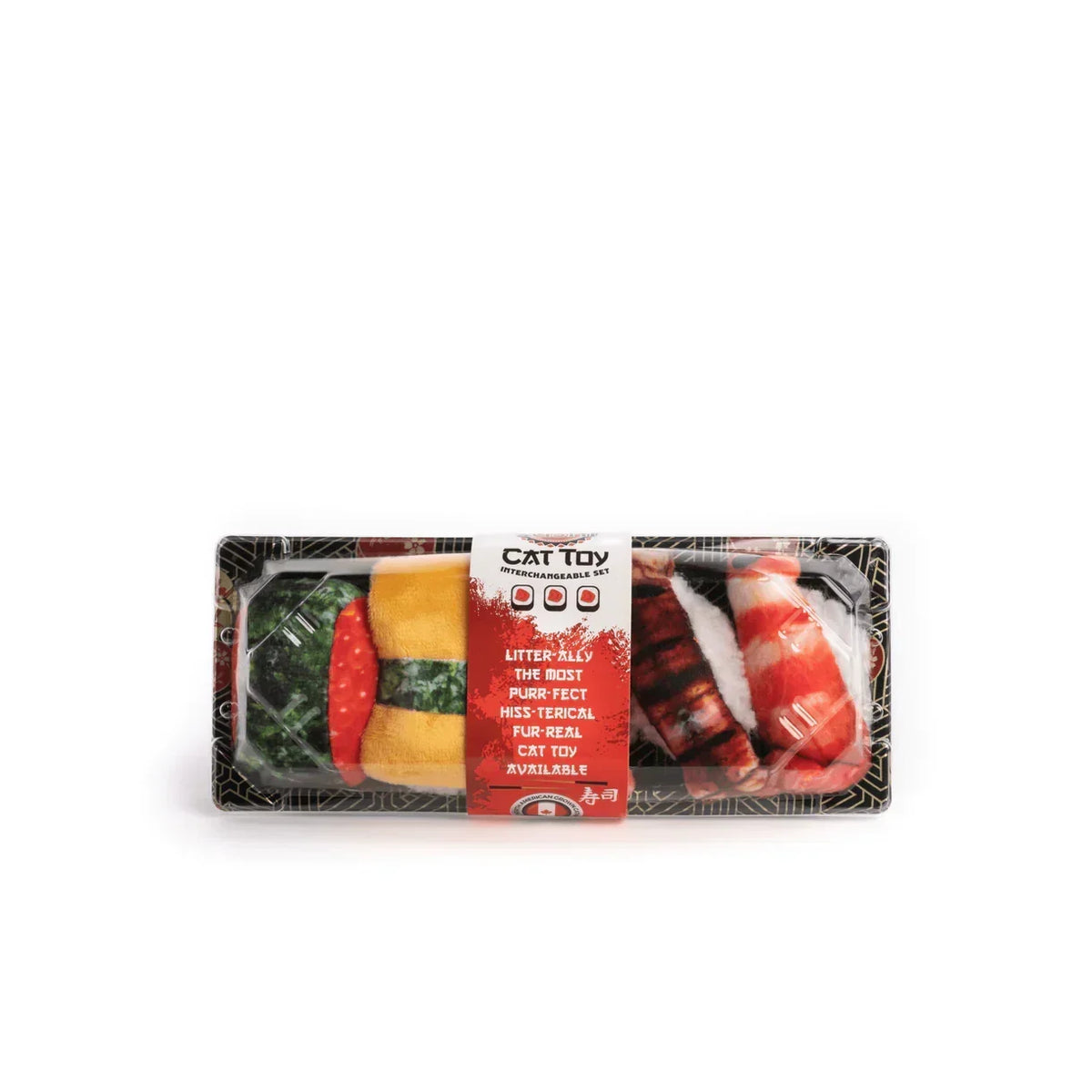 Sushi-themed plush cat toys set in black tray packaging