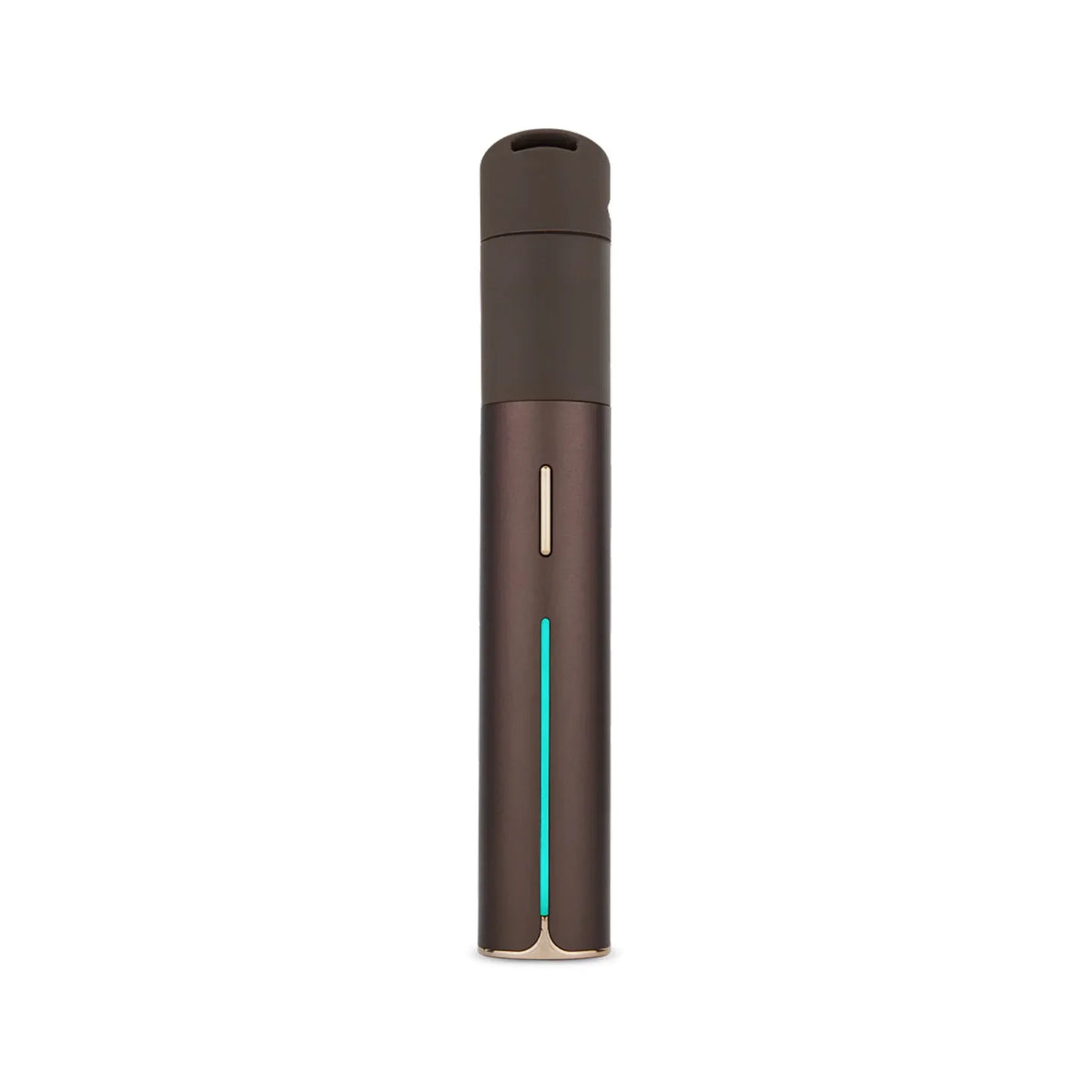Sleek brown dry herb vaporizer pen with LED indicator and modern cylindrical design