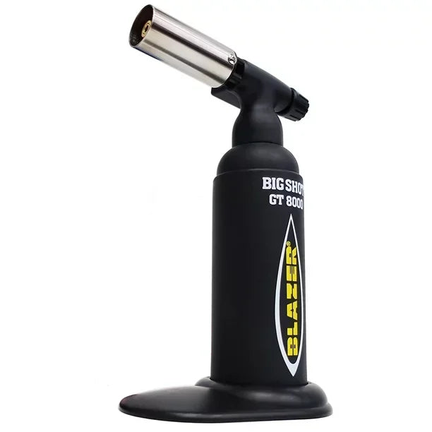 Blazer Big Shot GT 8000 black butane torch with sturdy base for glass or vaporizer use
