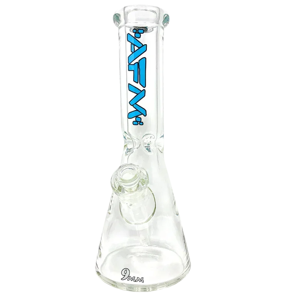 Clear glass beaker bong with AFM blue logo and 9mm thickness marking