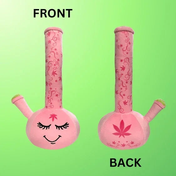 Pink plush bong toy with smiley face, eyelashes, and leaf print, front and back view.