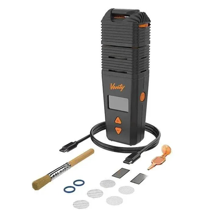 Venty portable vaporizer kit with cleaning brush, USB cable, screens, and accessories