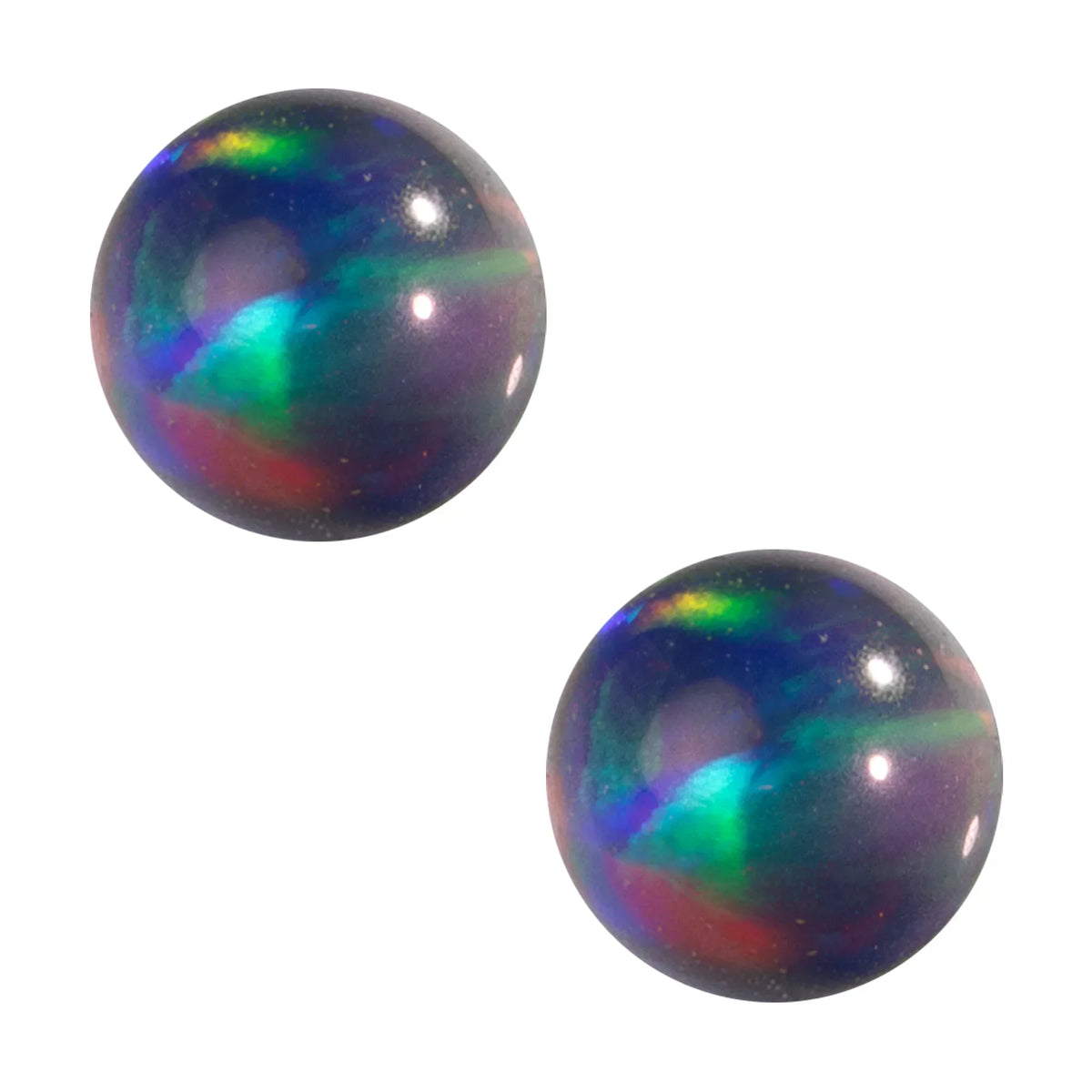 Two iridescent glass terp pearls with swirling rainbow colors on a white background