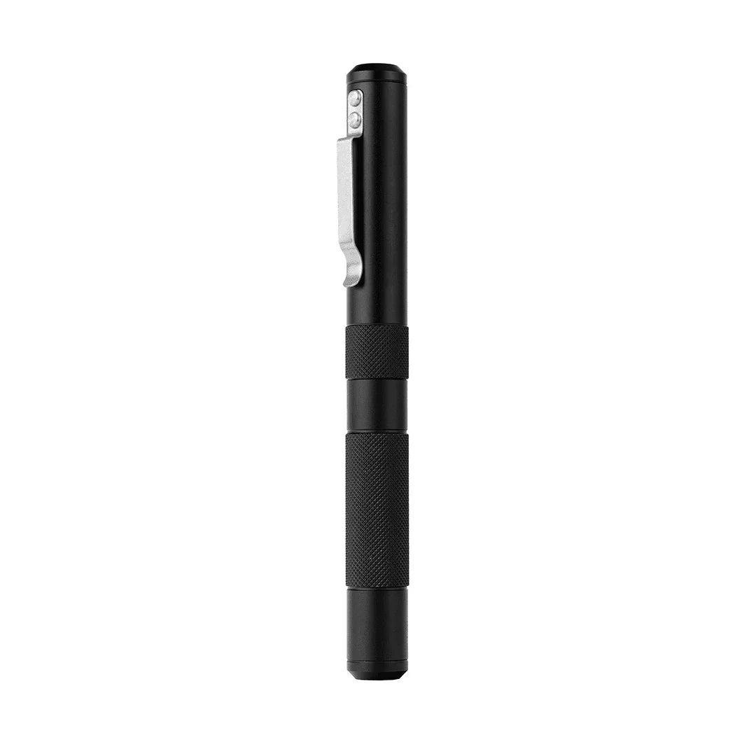 Matte black metal vape pen with a textured grip and pocket clip on white background