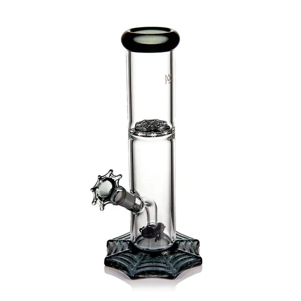 Clear glass water pipe with black rim and spider web base, heady glass smoking accessory