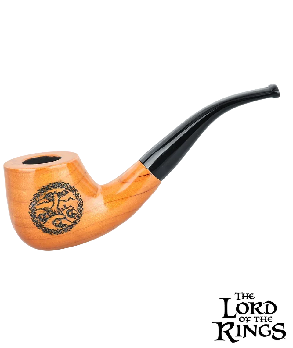 Wooden smoking pipe with engraved tree design and black mouthpiece, themed after The Lord of the Rings.