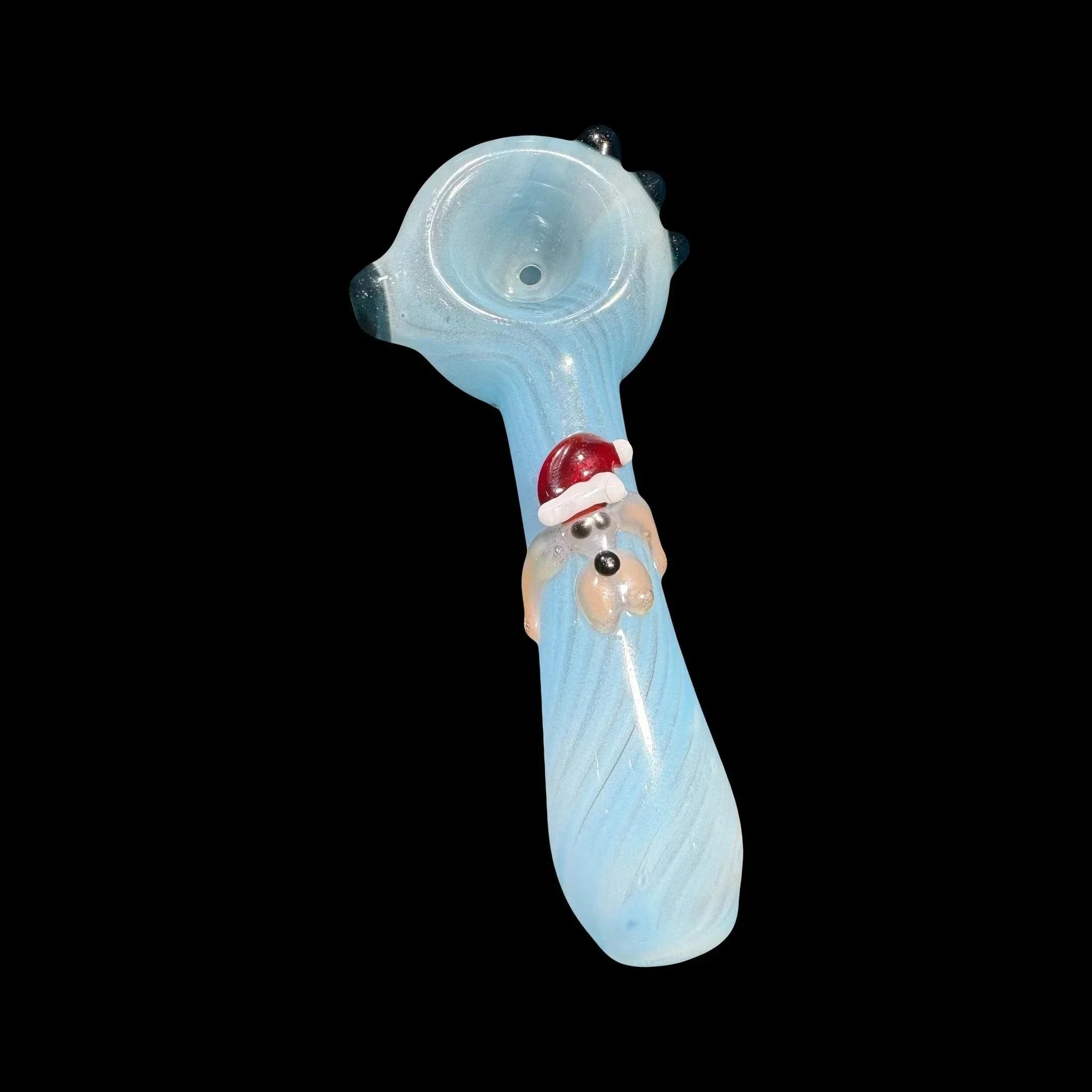 Light blue glass hand pipe with a Santa hat dog accent, novelty smoking accessory