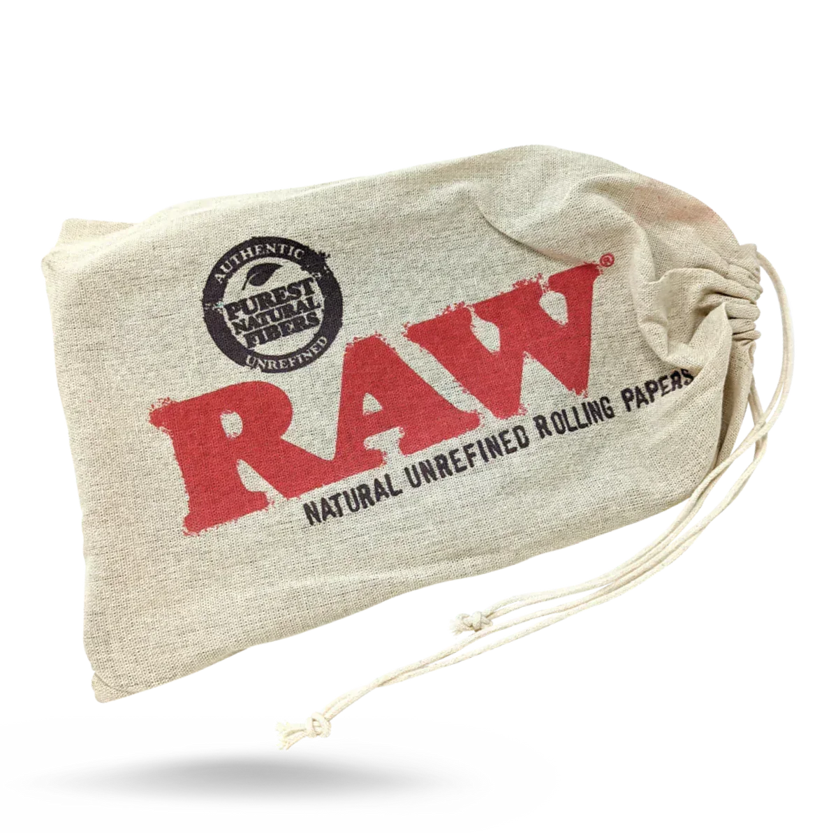 RAW drawstring pouch for natural unrefined rolling papers, beige with red and black logo.