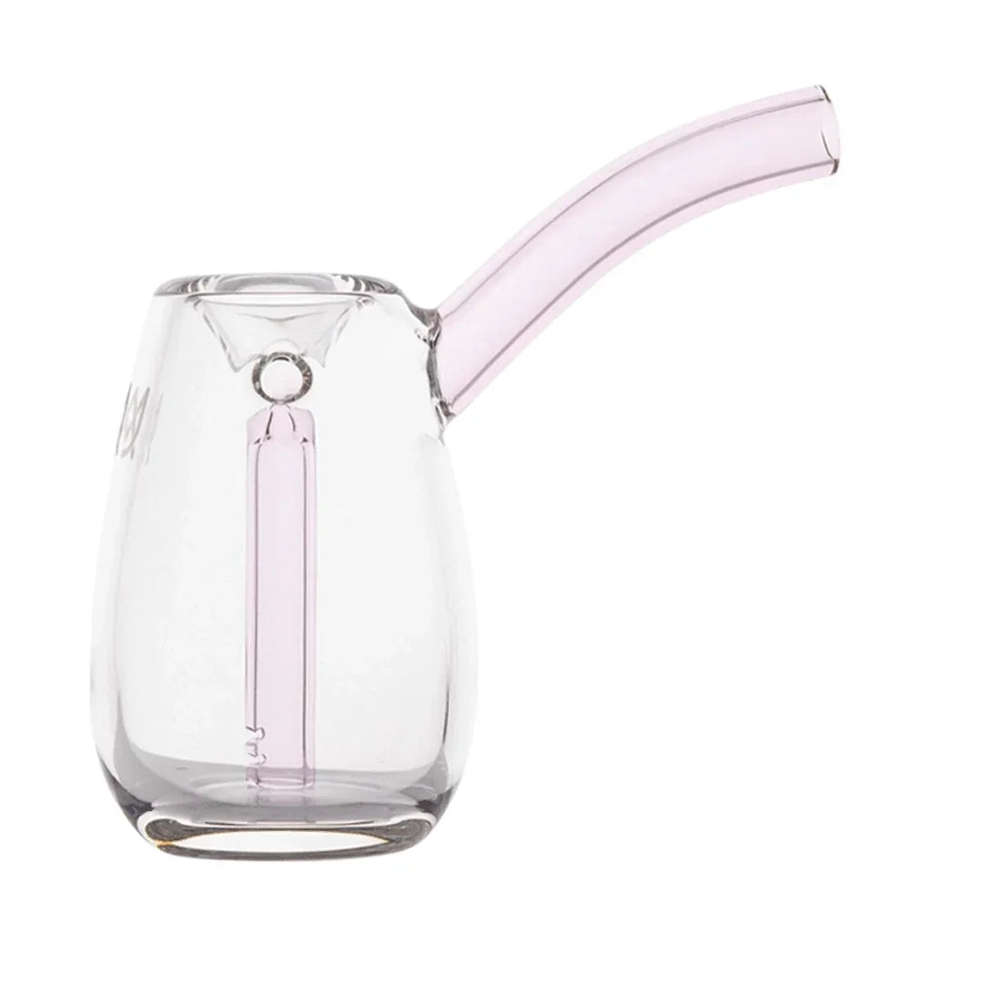 Clear and light pink glass hand pipe with angled mouthpiece and percolator, minimalist design