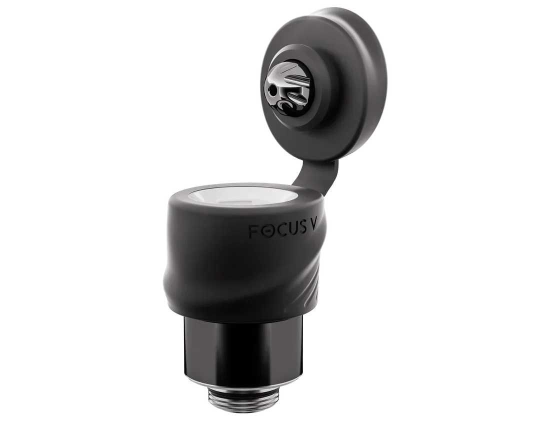 Focus V atomizer replacement part for vaporizers, black with open cap, isolated on white
