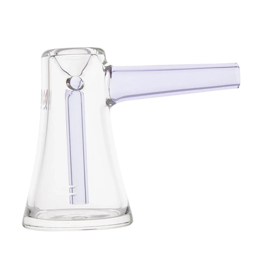 Clear glass water pipe with purple accent, angled mouthpiece, and minimalist design
