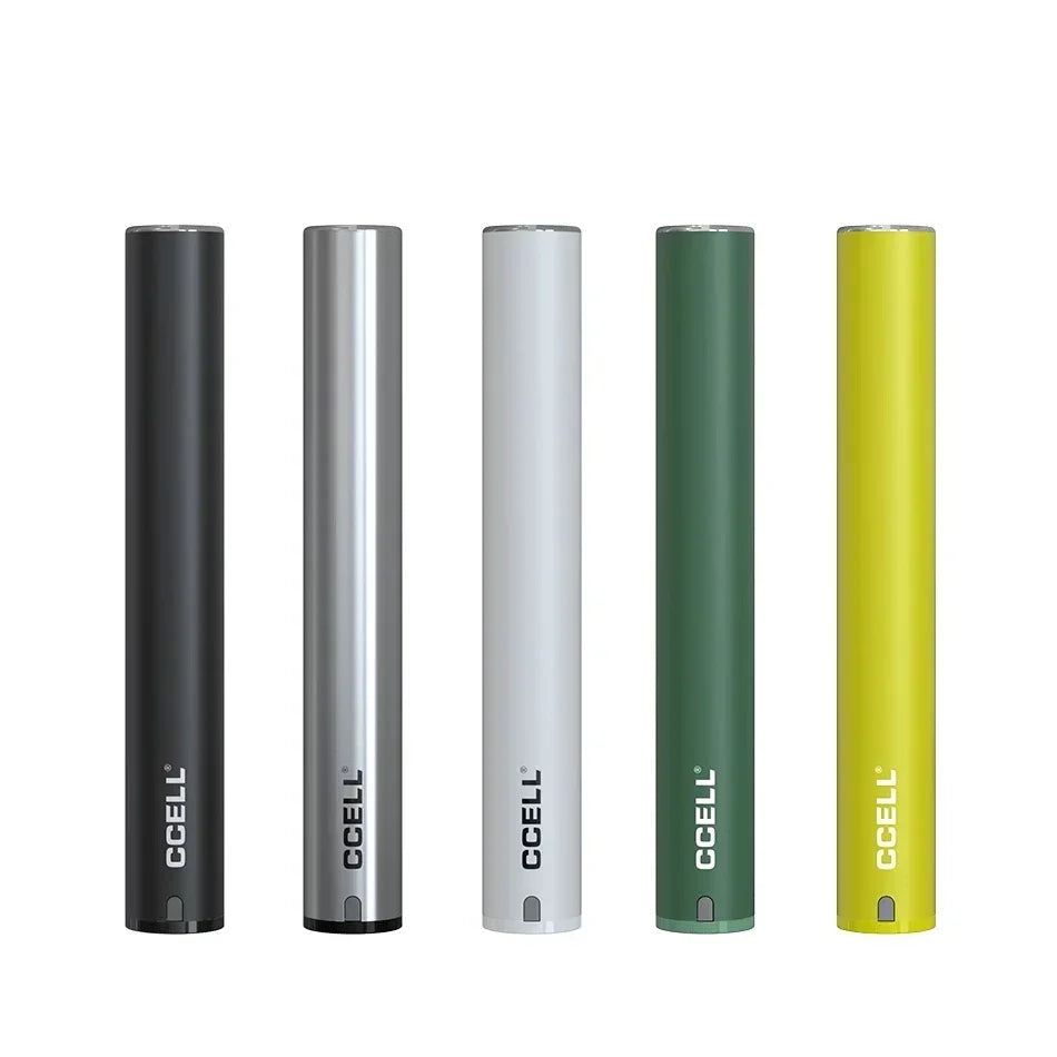 Five CCELL vape pen batteries in black, silver, white, green, and yellow colors