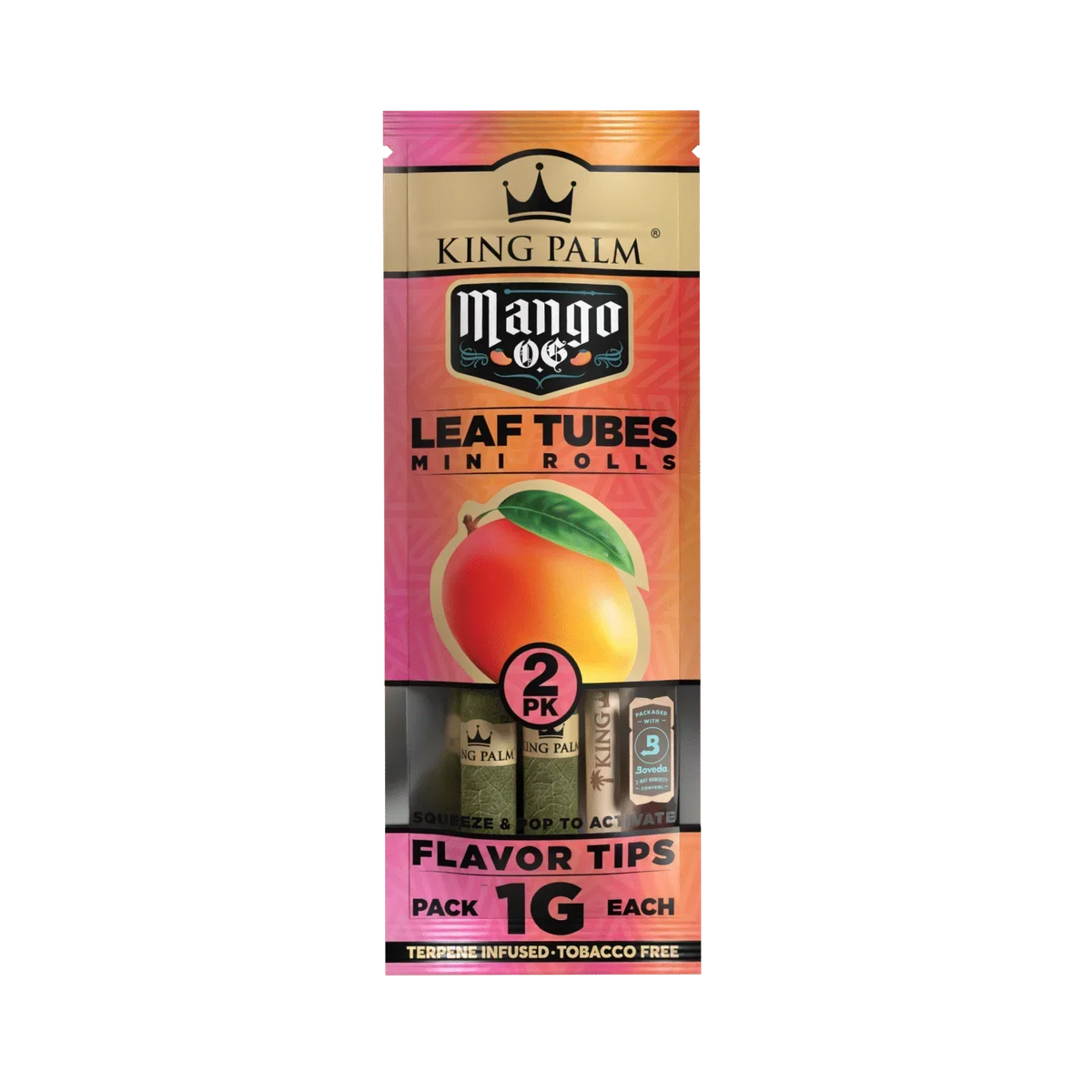King Palm Mango OG leaf tubes mini rolls 2 pack, terpene infused, tobacco free.