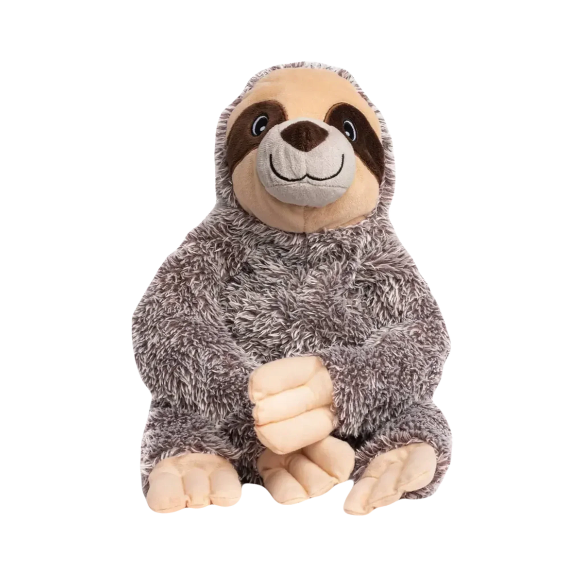 Gray plush sloth stuffed animal toy with soft fur and friendly face on white background