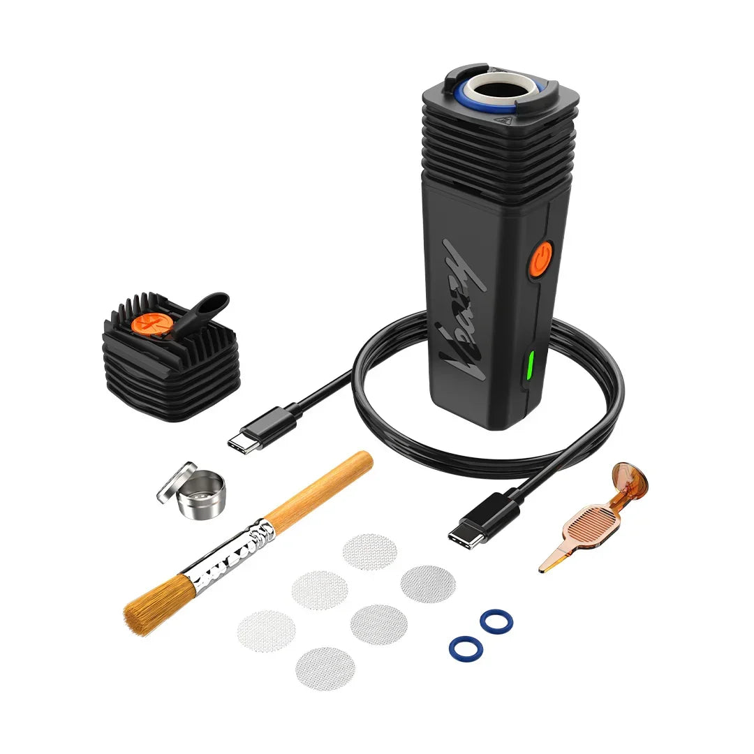 Portable dry herb vaporizer kit with USB-C cable, cleaning brush, screens, and accessories