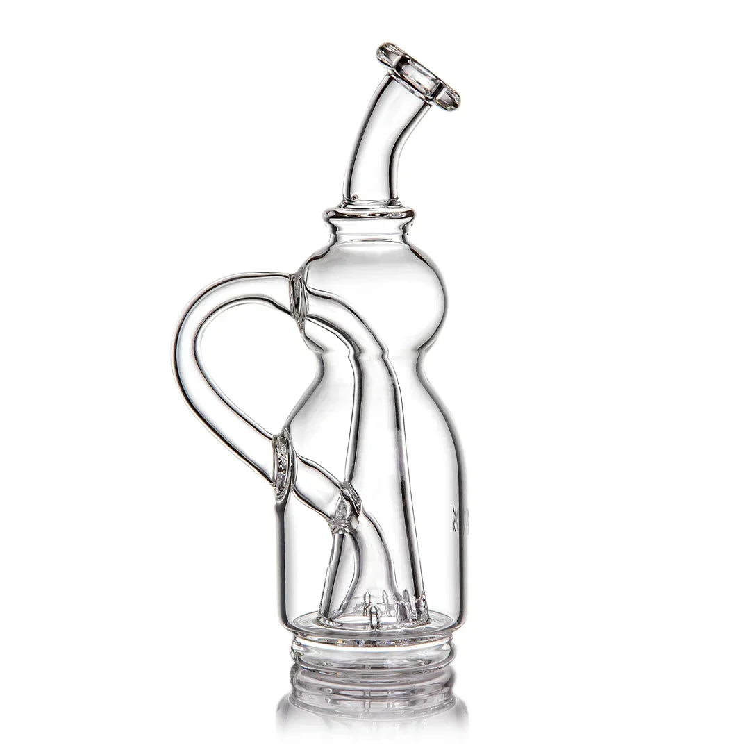 Clear glass water pipe with curved neck and ergonomic handle on white background