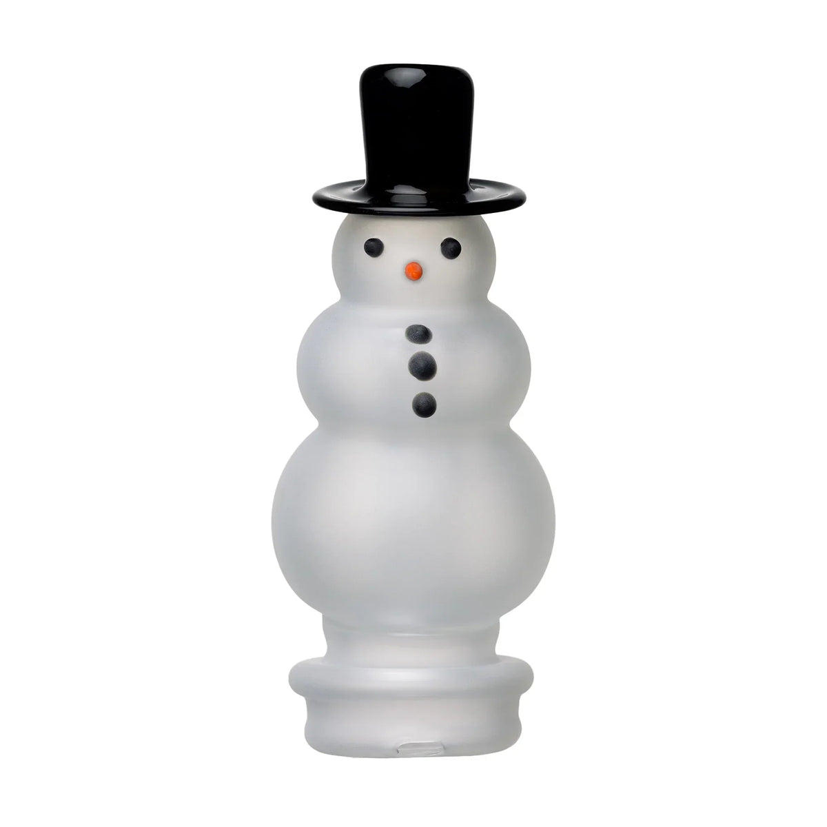Frosted glass snowman-shaped smoking accessory with black hat and button details