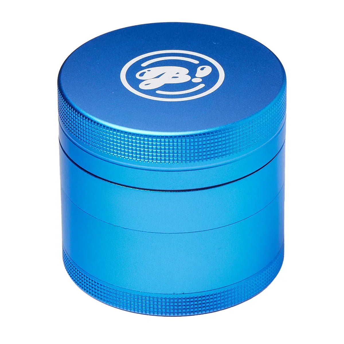 Blue metal herb grinder with textured grip and white logo on the lid, isolated on white background