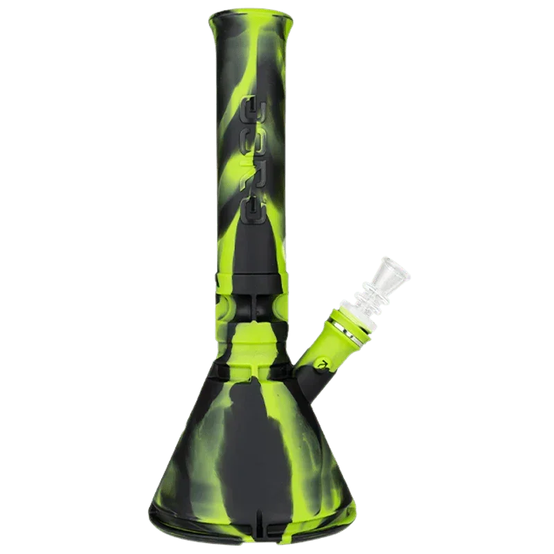 Neon green and black silicone water pipe with glass bowl and beaker base