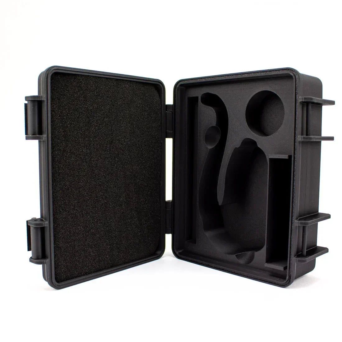 Open hard shell carrying case with custom foam insert for glassware or vaporizer accessories