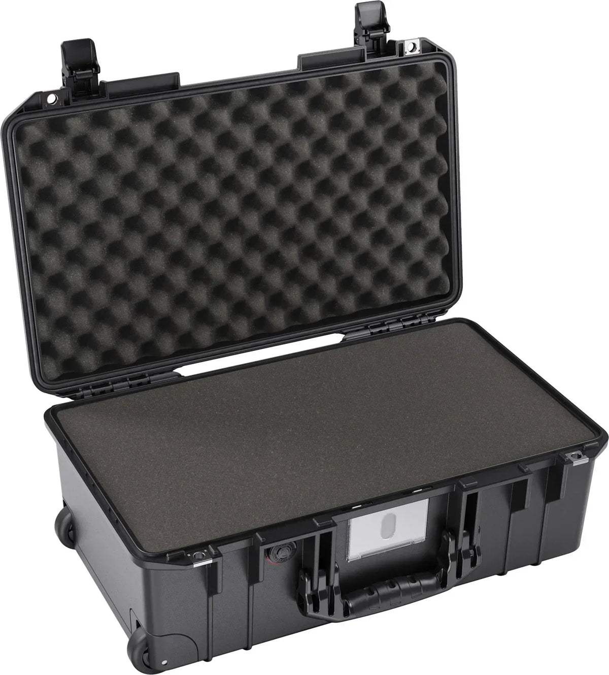 Black hard-shell protective case with foam interior, open and empty, ideal for glass storage.