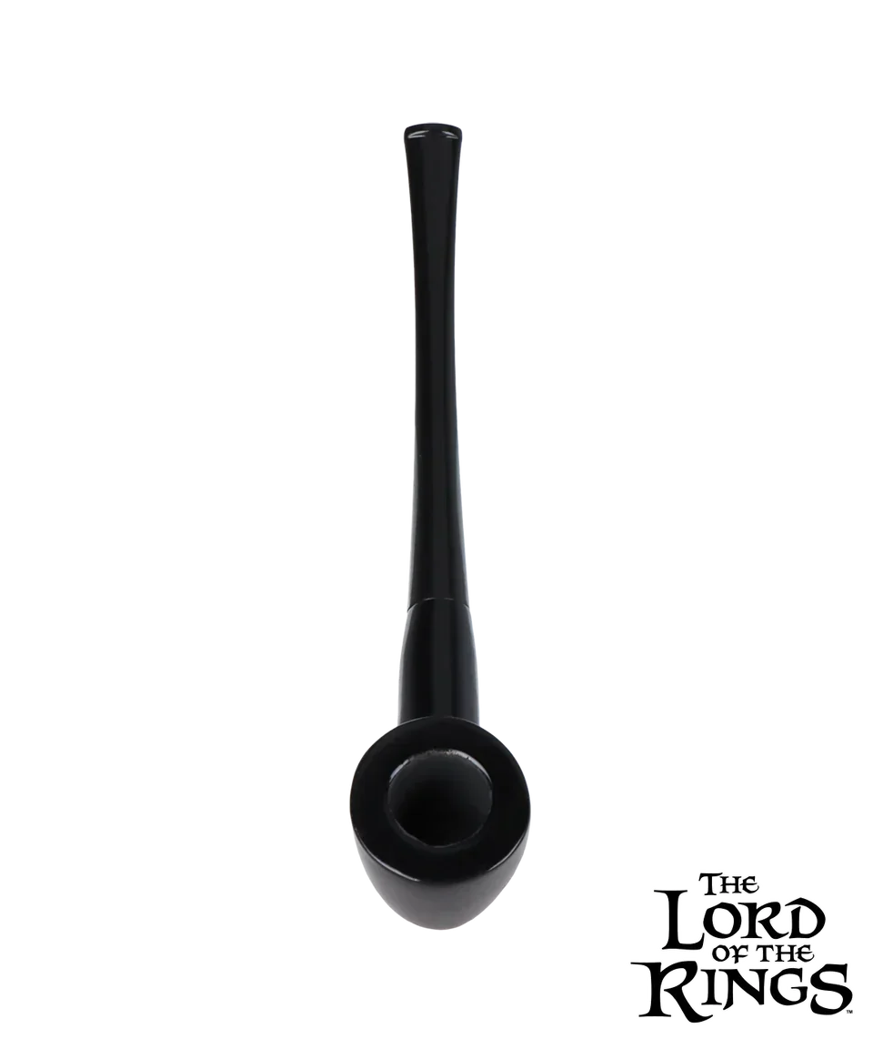 Long black glass pipe with round bowl, inspired by Lord of the Rings, on black background