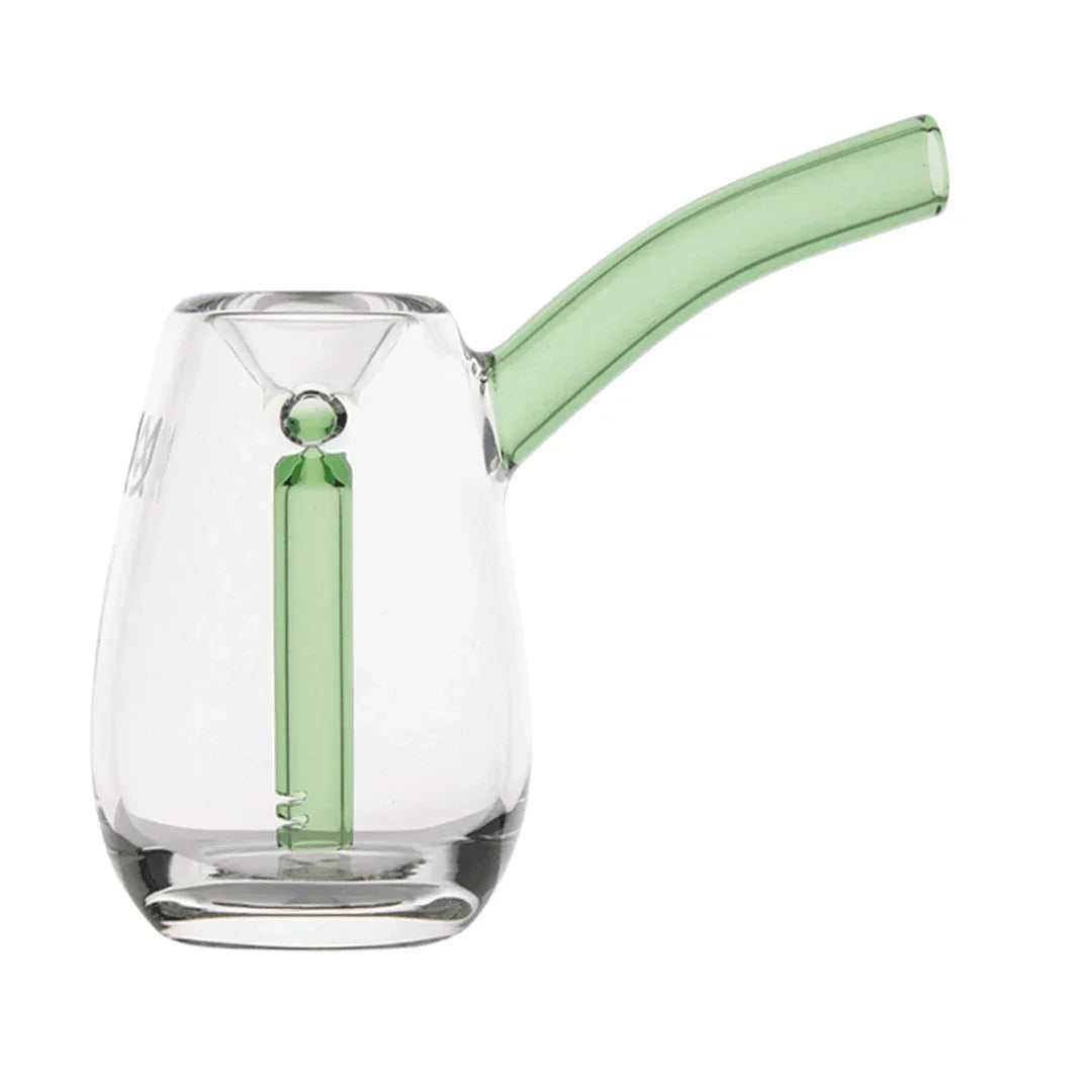 Clear and green glass bubbler pipe with angled mouthpiece and internal percolator