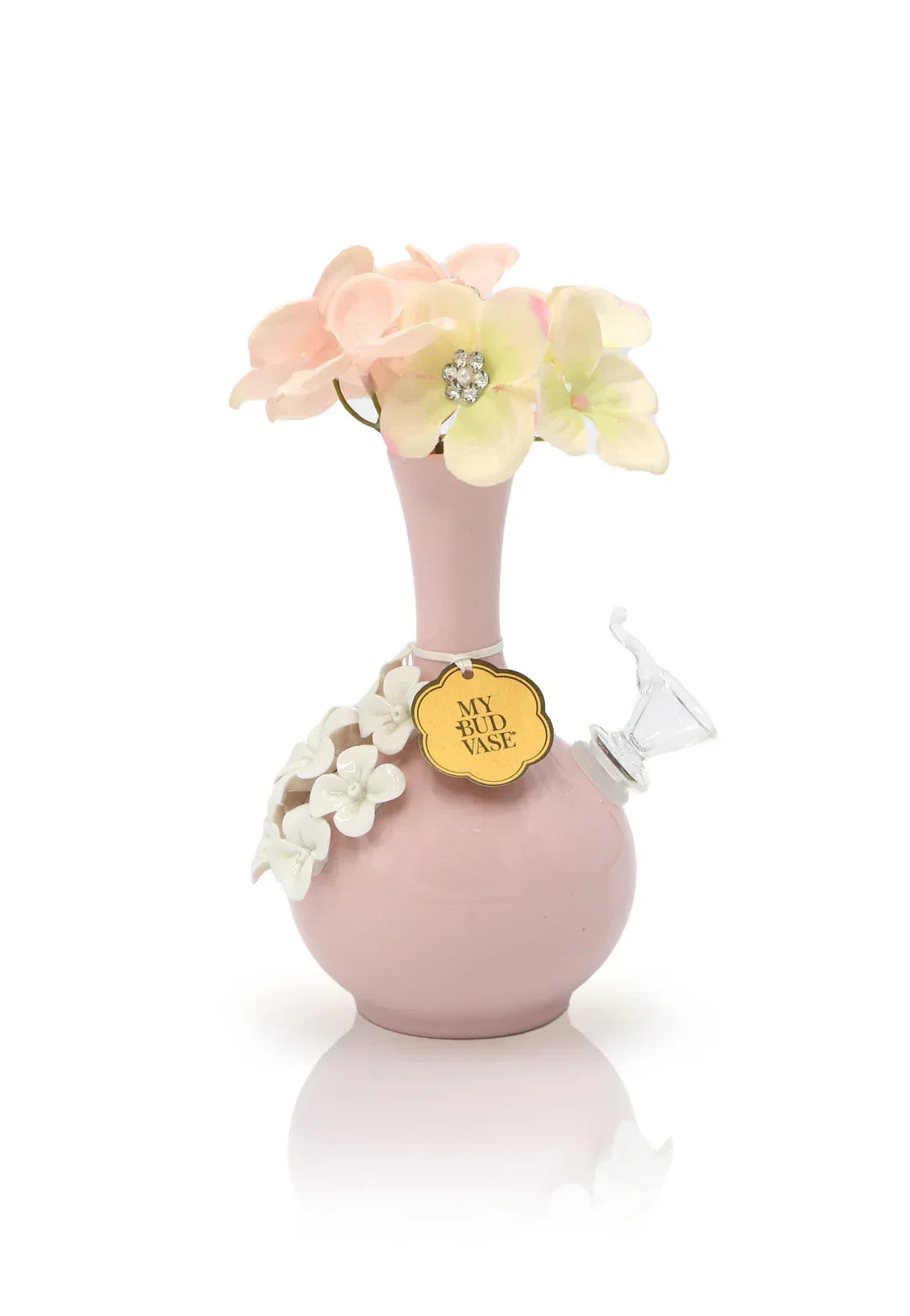 Pink floral ceramic water pipe with glass bowl and decorative pastel flowers