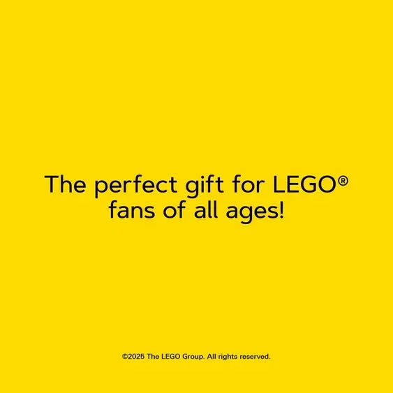 Yellow background with text: The perfect gift for LEGO fans of all ages.