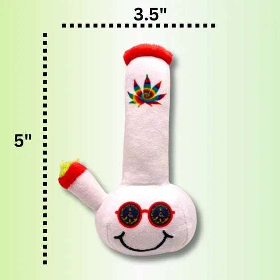 Plush bong toy with smiley face, sunglasses, and colorful leaf design, 5 by 3.5 inches