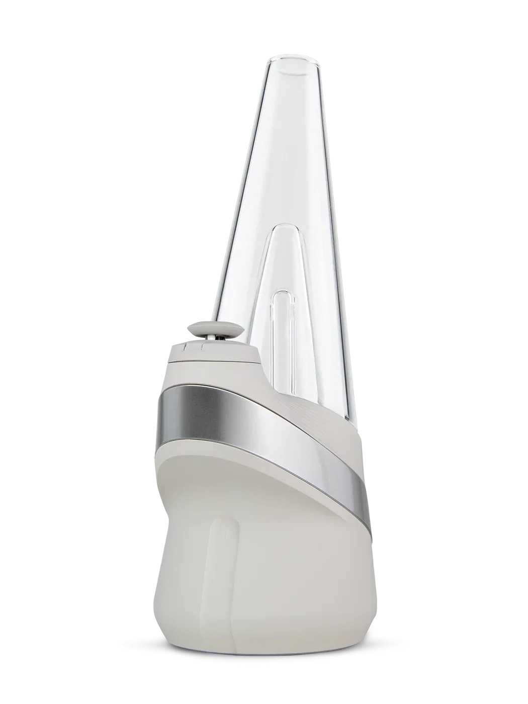 Modern white electronic vaporizer with clear glass chamber, desktop style design